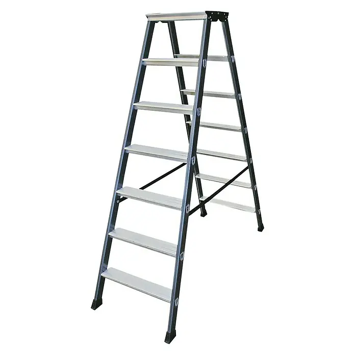 Krause Monto Stufen-Doppelleiter SePro D - Arbeitshöhe: 3,05 m, Anzahl Tritte: 2 x 7 Stufen, Tiefe Stufen: 80 mm, Aluminium - Linke Seitenansicht