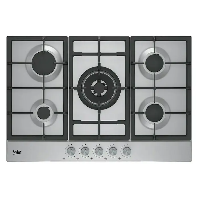Beko Placa de cocción de gas HIAW 75225 SL - Zonas de cocción: 5 ud., Parrillas de hierro fundido, Acero inoxidable