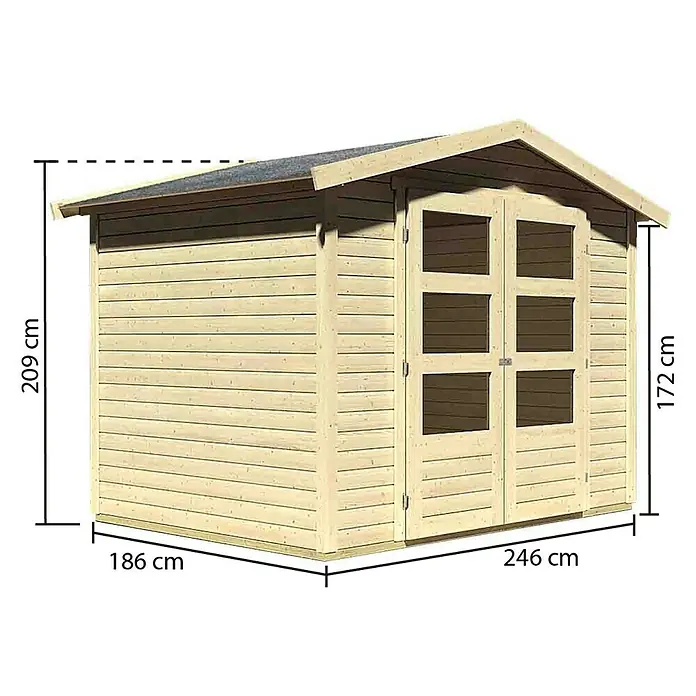 Karibu Gartenhaus Amberg - L x B: 246 x 186 cm, Wandstärke: 19 mm, Satteldach - Linke Seitenansicht