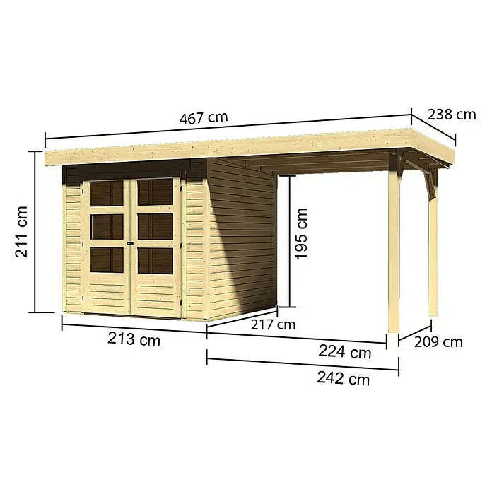 Karibu Gartenhaus Askola - L x B: 217 x 433 cm, Wandstärke: 19 mm, Flachdach, Natur, Mit Anbau - Linke Seitenansicht