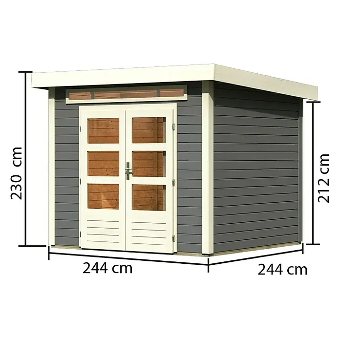 Karibu Gartenhaus Kandern 3 - 244 x 244 cm, Wandstärke: 28 mm, Flachdach, Terragrau - Linke Seitenansicht
