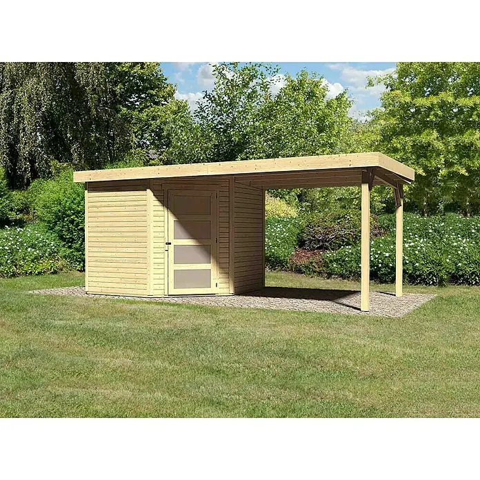 Karibu Gartenhaus Schwandorf 5 - 548 x 262 cm, Wandstärke: 19 mm, Flachdach, Ausführung: Mit Anbau, Natur - Vorderansicht