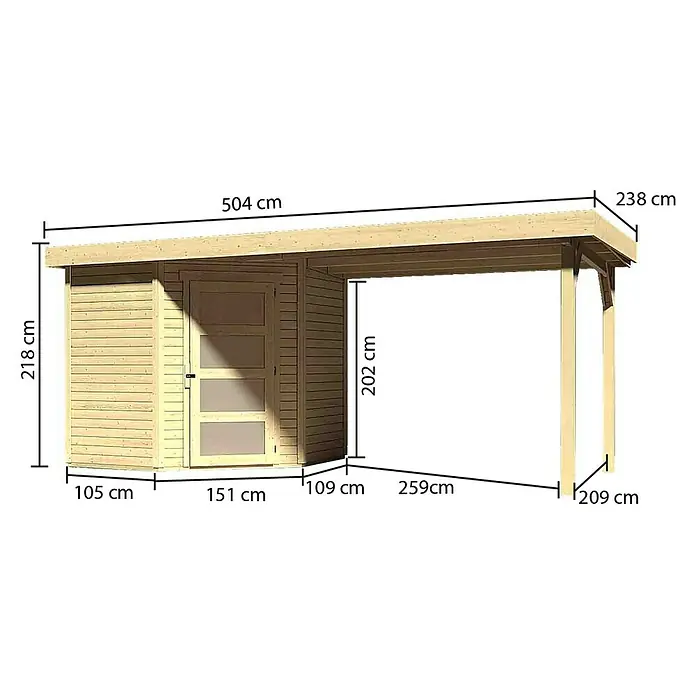 Karibu Gartenhaus Schwandorf 3 - 522 x 238 cm, Wandstärke: 19 mm, Flachdach, Ausführung: Mit Anbau, Natur - Linke Seitenansicht