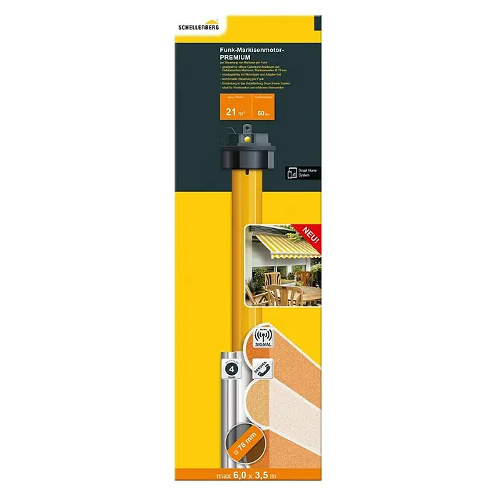 Schellenberg Smart Home Markisenmotor Funk Premium 50 - Länge: 620 mm, Max. Drehmoment: 50 Nm, Geeignet für: Gelenkarmmarkisen - Vorderansicht