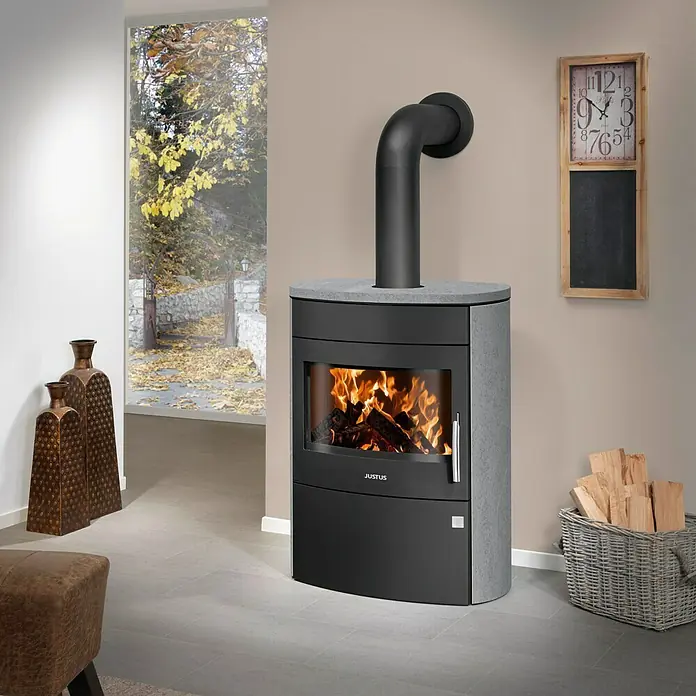 Justus Kaminofen Agero 2.0 - 7 kW, Raumheizvermögen: 144 m³, Verkleidung: Speckstein, Schwarz