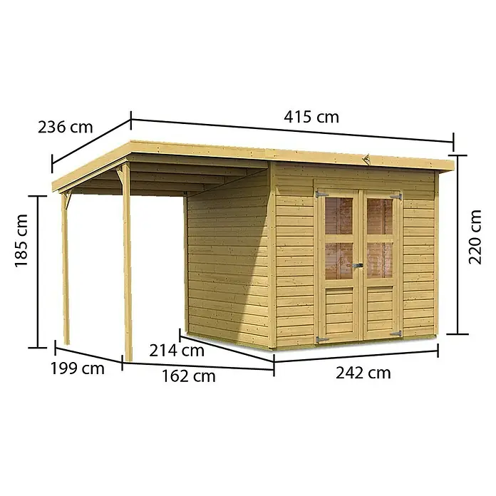 Karibu Gartenhaus Merseburg 5 - 236 x 415 cm, Wandstärke: 14 mm, Pultdach - Linke Seitenansicht