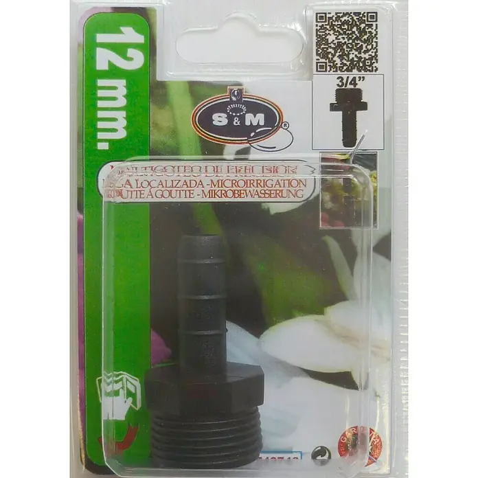 Conector para manguera goteo Macho - ¾″, 12 mm, Plástico