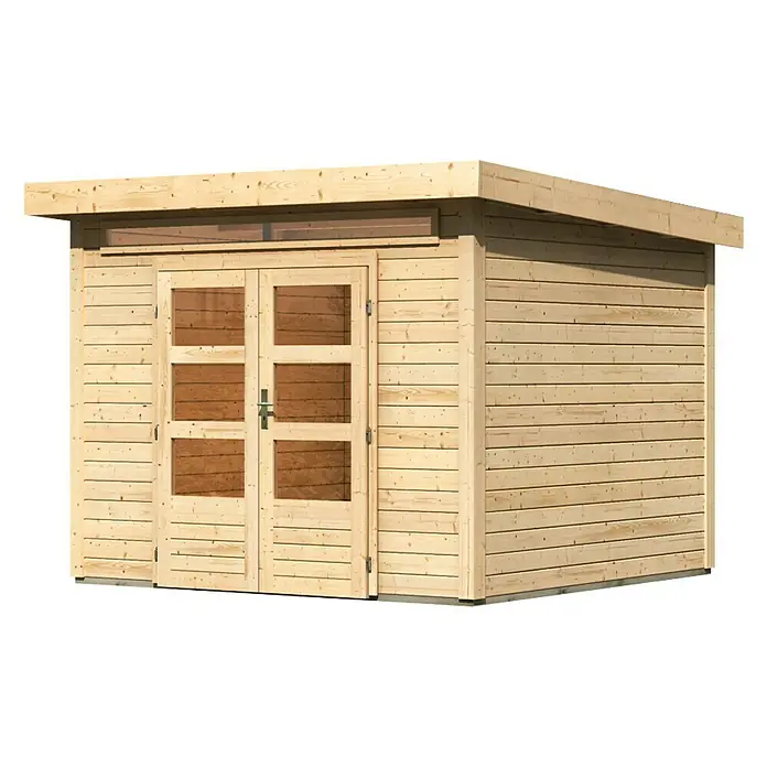 Karibu Gartenhaus Kandern 6 - 274 x 274 cm, Wandstärke: 28 mm, Flachdach, Natur - Linke Seitenansicht