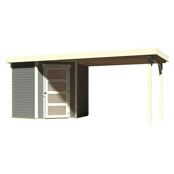 Karibu Gartenhaus Schwandorf 3 - 504 x 238 cm, Wandstärke: 19 mm, Flachdach, Weiß, Terragrau, Ausführung: Mit Anbau - Linke Seitenansicht