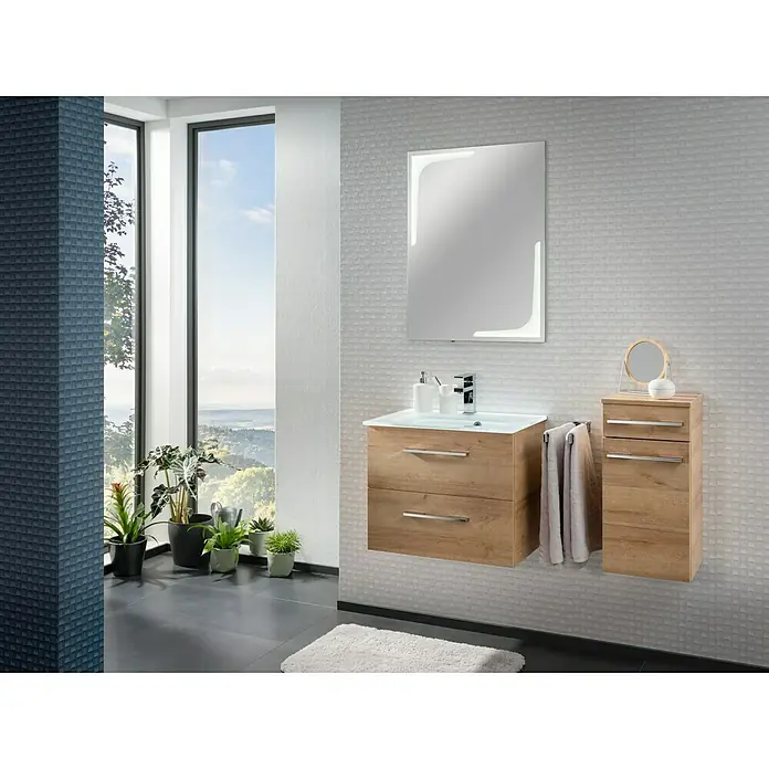 Camargue Stella Waschtischunterschrank - 79,4 x 48,9 x 55 cm, 2 Schubkästen, Ohne Beleuchtung, Berg Eiche - Stimmungsaufnahme