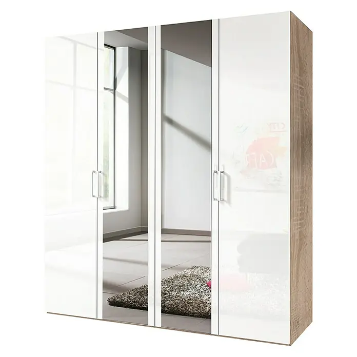 Express Möbel Kleiderschrank Brooklyn - L x B x H: 58 x 200 x 216 cm, Weiß/Sonoma Eiche, 2 Spiegel, Lackiert - Rechte Seitenansicht