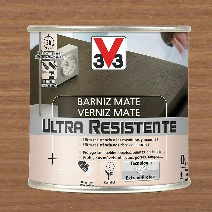 V33 Barniz para madera Mate Ultra Resistente - Nogal, Mate, 250 ml