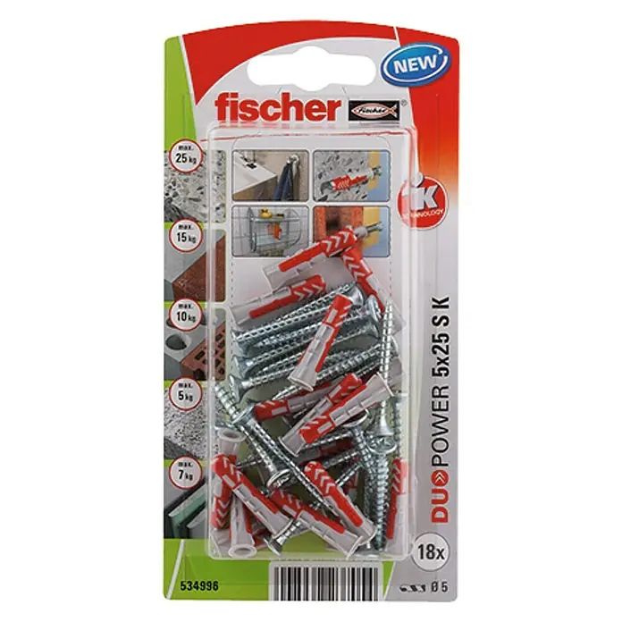 Fischer Duopower Surtido de tacos y tornillos - Diámetro taco: 5 mm, Longitud taco: 25 mm, 18 uds.