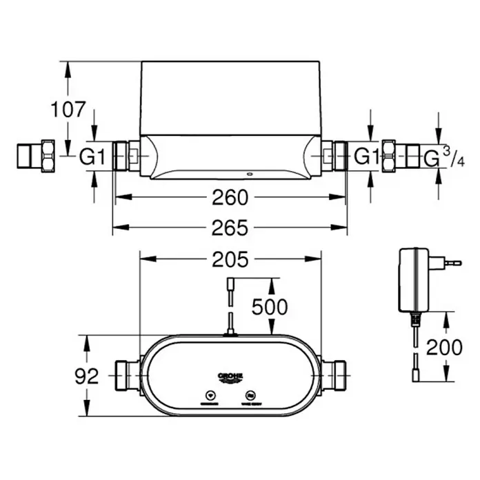 Grohe Sense Wassersteuerung Guard - Größe Anschluss: ¾″, Einbaulänge: 265 mm - Vorderansicht