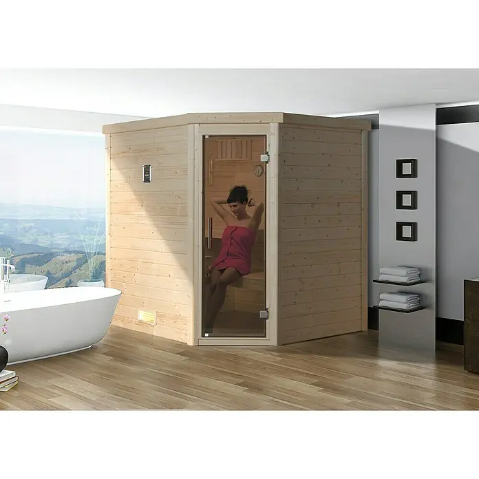 Weka Massivholzsauna Turku 1 GT Sparset - Mit 7,5 kW Bio-Ofen mit externer Steuerung, Inkl. Spezial-Saunenleuchten-Set, Ohne Fenster, 178 x 195 x 205 cm - Stimmungsaufnahme