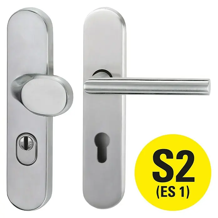 Diamond Doors Modern Schutzbeschlag warrior Schildgarnitur - Wohnungsabschlusstür, Edelstahl, Türstärke: 35 mm - 45 mm, Knopf außen, Drücker innen, DIN 18257 ES1 - Vorderansicht