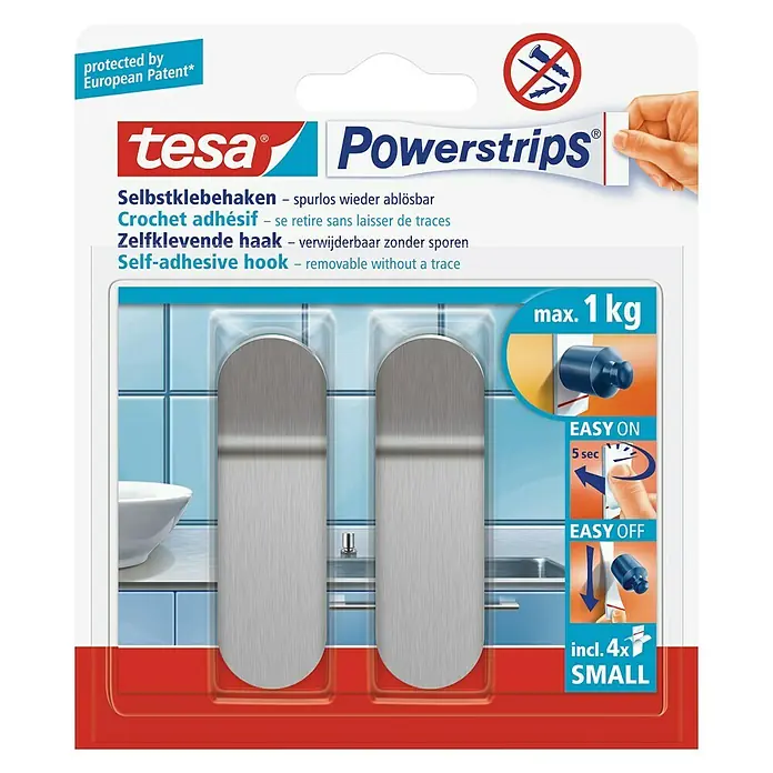 Tesa Powerstrips Zelfklevende haak - Grootte: S, Metallic, 2 st. - Vooraanzicht