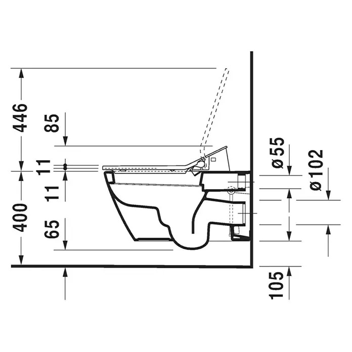 Duravit Starck 2 Wand-WC - Mit Spülrand, Ohne Spezialglasur, Spülform: Tief, WC Abgang: Waagerecht, Weiß - Skizze