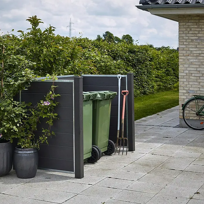 Plus Mülltonnenverkleidung Futura - Außenbreite inkl. Dachüberstand: 198 cm, Außentiefe inkl. Dachüberstand: 108 cm, Stahl, Schiefergrau - Stimmungsaufnahme