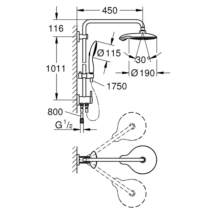 Grohe Duschsystem Euphoria Power&Soul 190 - Lochabstand: 101,1 cm, Chrom