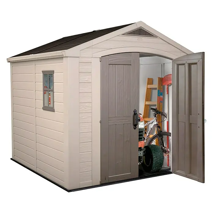 Keter Caseta para jardín Factor 8x8 - Ancho exterior incluido el voladizo del techo: 225 cm, Profundidad exterior incluido el voladizo del techo: 256,5 cm, Plástico, Beige/Marrón, Área: 6,54 m²