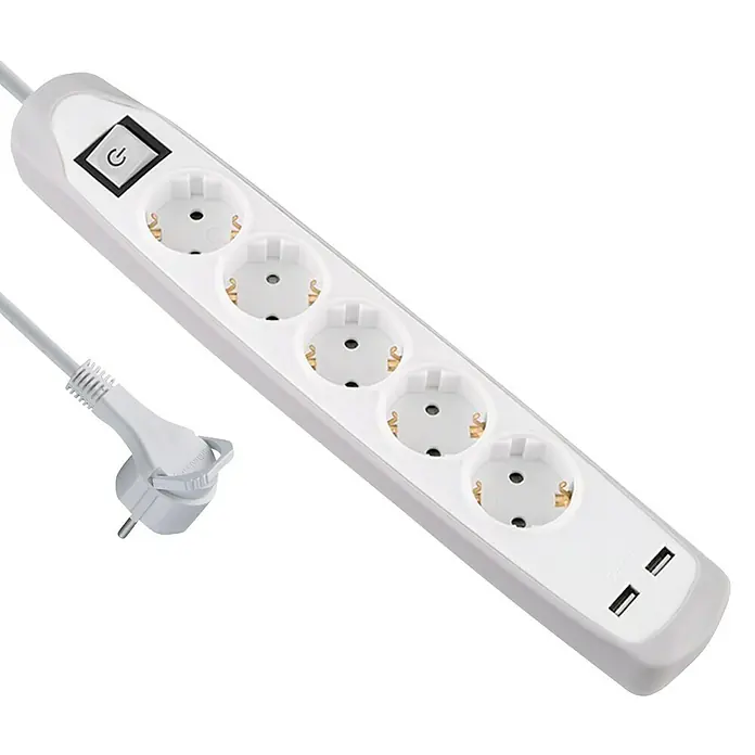 Electraline Base de enchufe múltiple con USB Gummy - Número de enchufes Schuko: 5 ud., Blanco/Plateado, Longitud del cable: 2 m