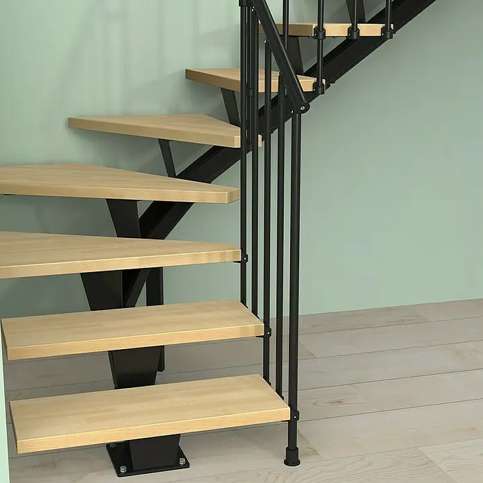Fontanot Mittelholmtreppe Mas 030 - Breite: 75 cm, Schwarz, 2/4-gewendelt, Farbe Stufen: Buche Natur, Geschosshöhe: 186 cm - 286 cm - Ansicht von unten