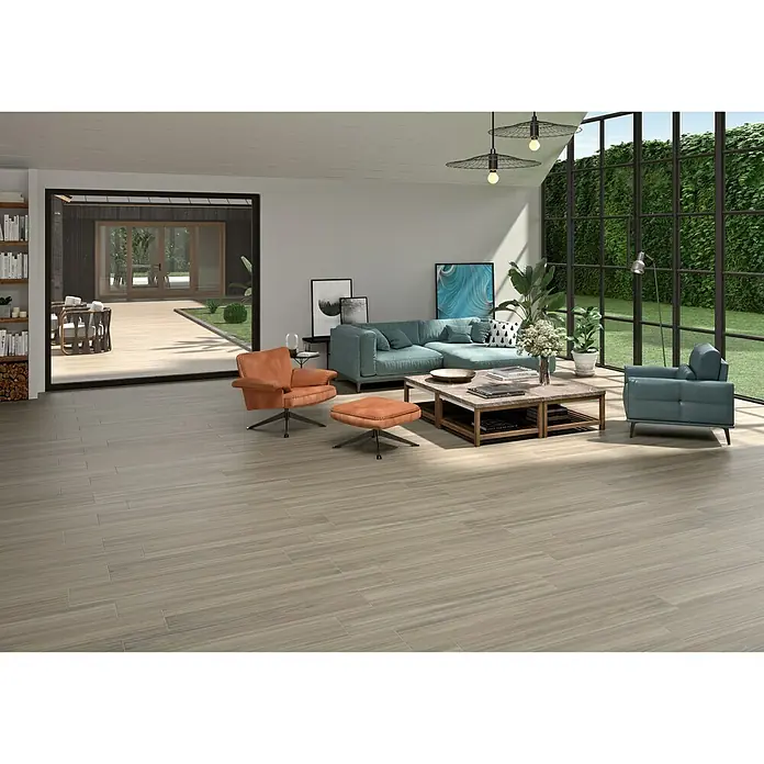 Pavimento porcelánico Ferik - 23 x 120 cm, Gris, Rectificado, Estilo madera