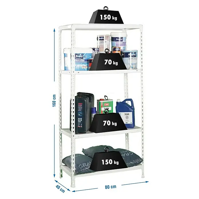 Simonrack Simonclick Estantería metálica Ecoclick Mini - L x An x Al: 40 x 80 x 160 cm, Capacidad de carga: 150 kg/balda, Número de baldas: 4 ud., Inserción, Blanco