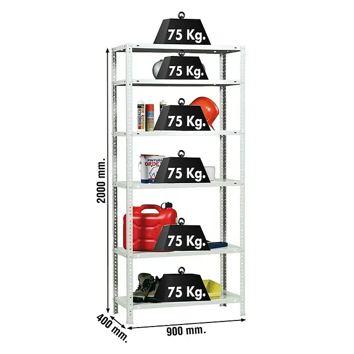 Simonrack Simonclassic Estantería metálica Advantage - L x An x Al: 40 x 90 x 200 cm, Capacidad de carga: 75 kg/balda, Número de baldas: 6 ud., Atornillado, Blanco