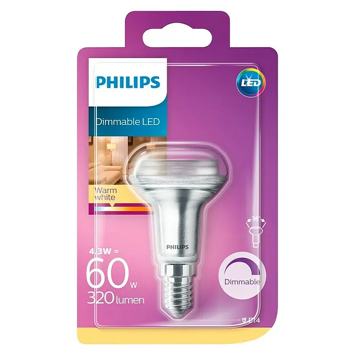Philips Bombilla reflectora LED - 4,3 W, E14, 36 °, Color de luz: Blanco cálido
