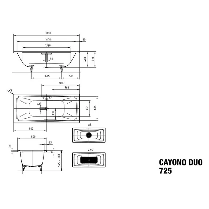 Kaldewei Badewanne Cayono Duo 725 - 180 x 80 cm, Stahl-Email, Alpinweiß