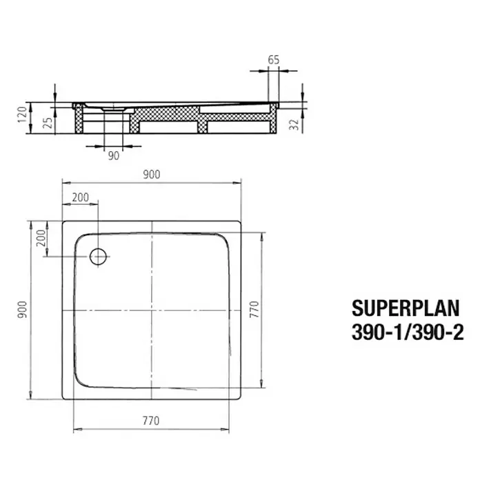 Kaldewei Duschwanne Superplan 390-2 - L x B: 90 x 90 cm, Stahl, Weiß, Polystyrolträger - Skizze