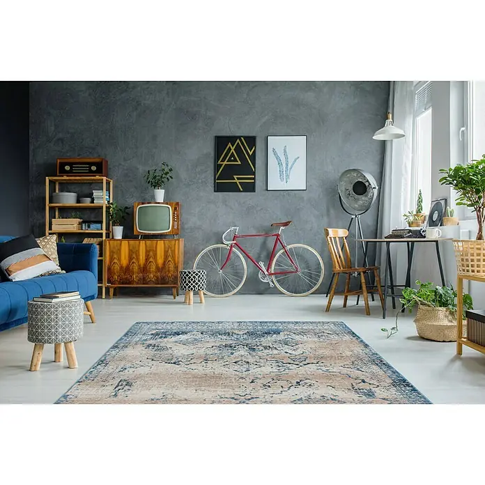 Kayoom Kurzflorteppich Antigua - Creme/Blau, 150 x 80 cm, 100 % Polyester - Detailaufnahme