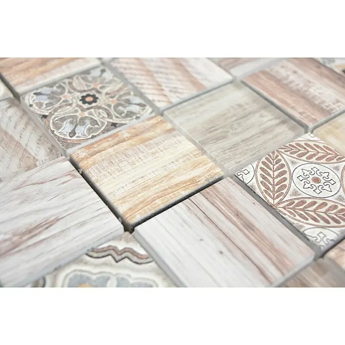 Mosaikfliese Quadrat Crystal XCM WOOD 100 - 30 x 30 cm, Beige, Glänzend - Detailaufnahme