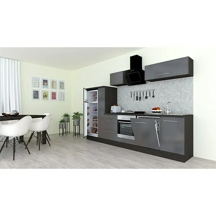 Respekta Premium Küchenzeile RP310EGCBO - Breite: 310 cm, Mit Elektrogeräten, Grau Hochglanz - Stimmungsaufnahme