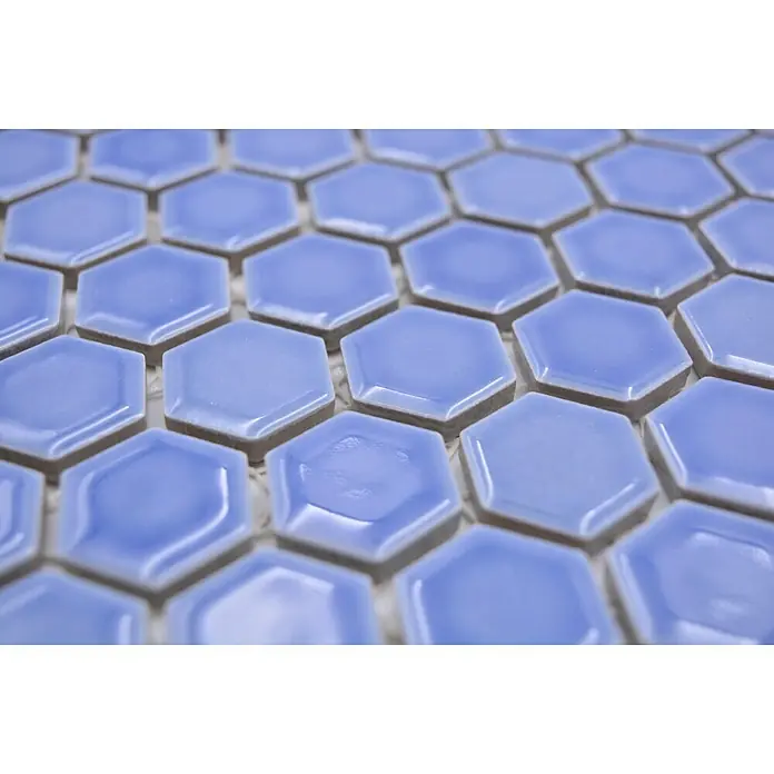 Mosaikfliese Hexagon Uni HX 280 - 26 x 30 cm, Blau, Glänzend - Detailaufnahme