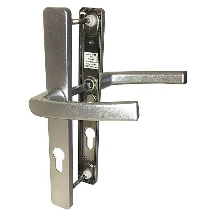 BAUHAUS Griffgarnitur - Geeignet für: Holznebeneingangstüren, Türstärke: 57 mm - 62 mm, Drücker/Drücker mit Langschild, Silber - Linke Seitenansicht