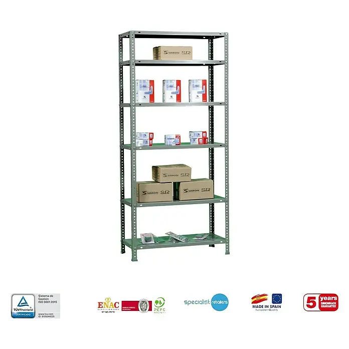 Simonrack Simonclassic Estantería metálica Advantage - L x An x Al: 30 x 90 x 200 cm, Capacidad de carga: 75 kg/balda, Número de baldas: 6 ud., Atornillado, Gris
