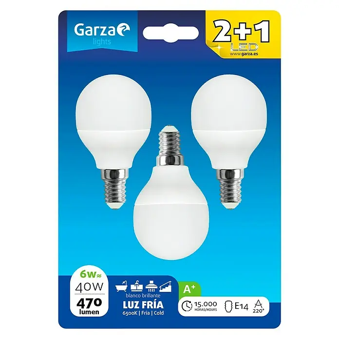 Garza Bombilla LED - 3 uds., E14, 6 W, Blanco frío, 470 lm