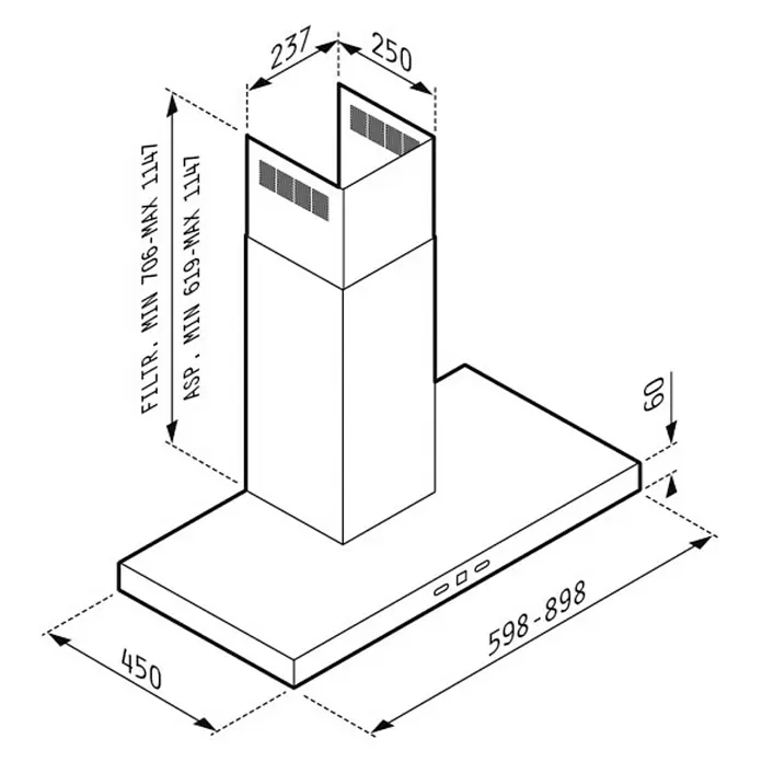 Pyramis Dunstabzugshaube Agilo - L x B: 90 x 45 cm, Abluftleistung von 647 m³/h, Edelstahl - Skizze
