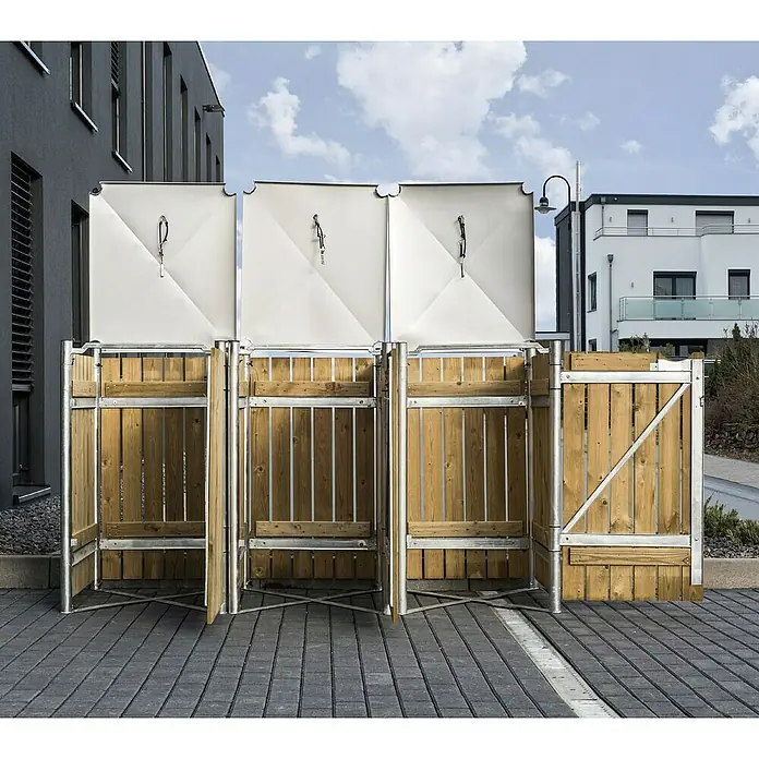 Hide Mülltonnenbox - 80,7 x 209,1 x 115,2 cm, Passend für: 3 Mülltonnen 180 - 240 l, Holz, Natur - Anwendungsbeispiel