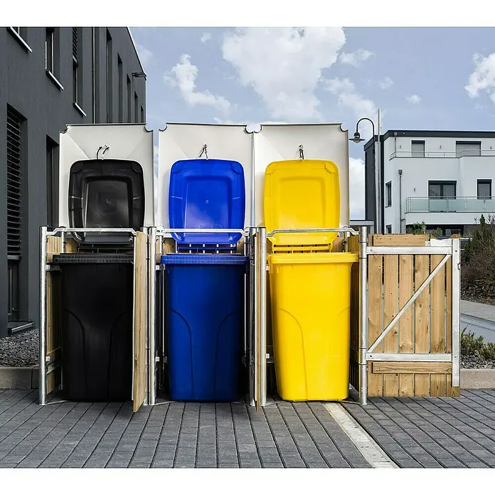 Hide Mülltonnenbox - 63,4 x 181,5 x 115,2 cm, Passend für: 3 Mülltonnen 110 - 140 l, Natur, Holz - Anwendungsbeispiel