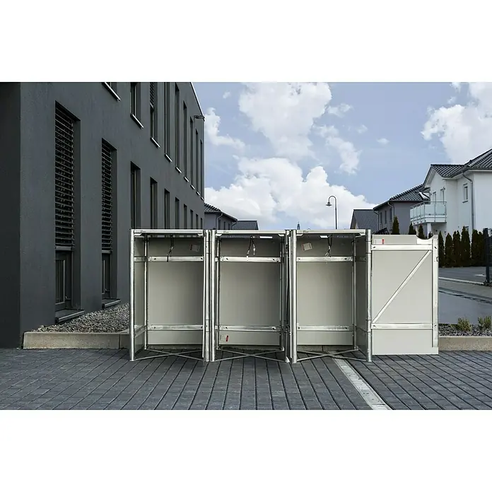 Hide Mülltonnenbox - 63,4 x 181,2 x 115,2 cm, Passend für: 3 Mülltonnen 110 - 140 l, Kunststoff, Grau - Anwendungsbeispiel