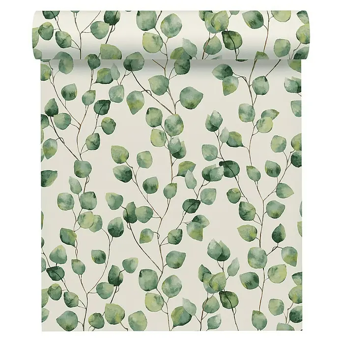 AS Creation Greenery Vliestapete Blätterranke - Creme/Grün, Floral, 10,05 x 0,53 m - Vorderansicht