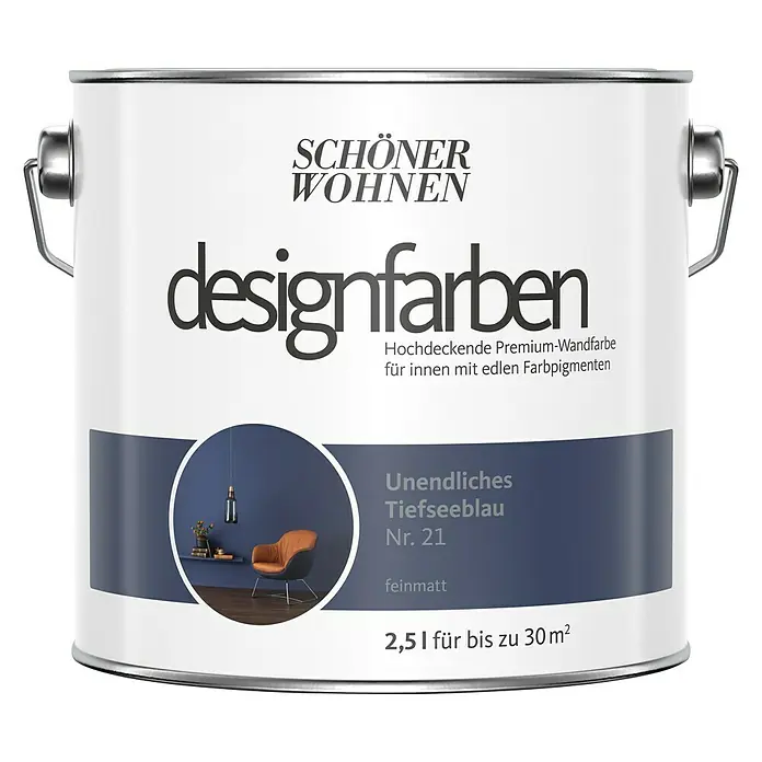 SCHÖNER WOHNEN-Farbe Wandfarbe Designfarbe - Unendliches Tiefseeblau, 2,5 l, Matt - Vorderansicht
