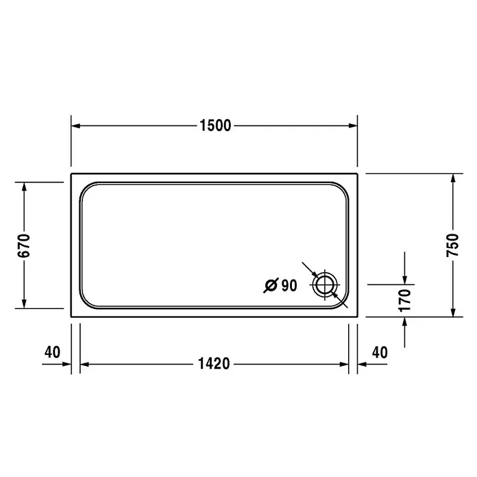 Duravit D-Code Duschwanne - L x B: 150 x 75 cm, Kunststoff, Weiß, Mit Antirutsch-Oberfläche, Rechteckig - Skizze