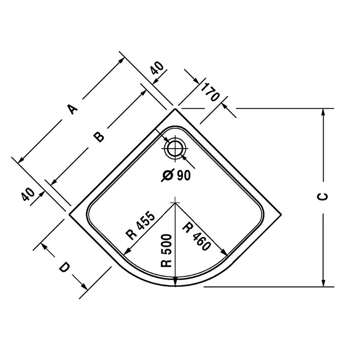 Duravit D-Code Duschwanne - L x B: 90 x 90 cm, Kunststoff, Weiß, Ohne Antirutsch-Oberfläche - Skizze