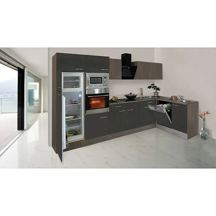 Respekta Winkelküche KBL340EYGMIGKEOE - 340 x 172 cm, Mit Elektrogeräten, Grau Seidenglanz - Rechte Seitenansicht