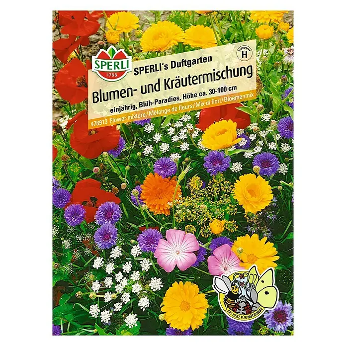Blumensamenmischung Blumen- & Kräutermischung - Verschiedene Sorten, Blütezeit: Juni, 4 m² - Vorderansicht